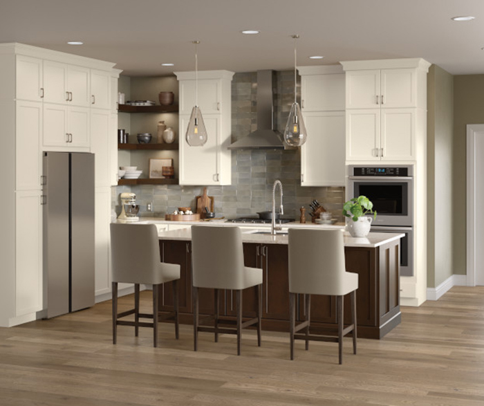 Casual Off-White and Dark Stain Kitchen Cabinets
